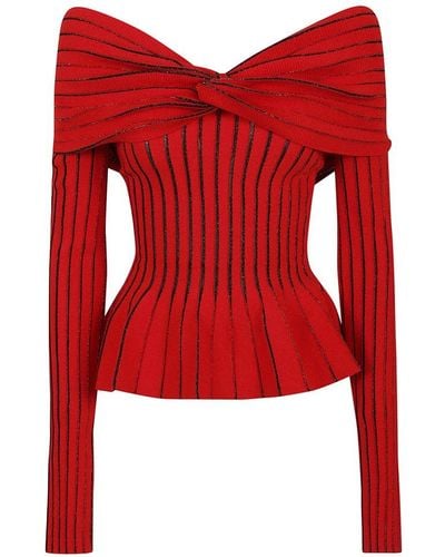 Balmain Ls Off-shoulder Knotted Knit Top - Red