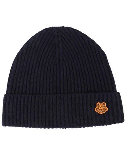KENZO Ribbed Knit Hat With Tiger Crest - Blue