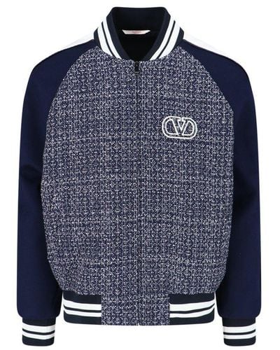 Valentino Logo Embroidered Zip-up Tweed Jacket - Blue