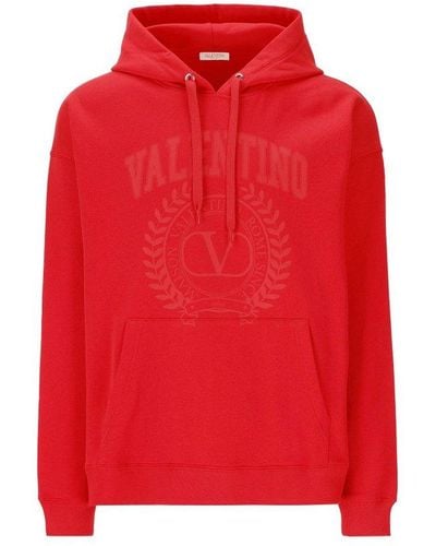 Valentino Logo Printed Drawstring Hoodie - Red