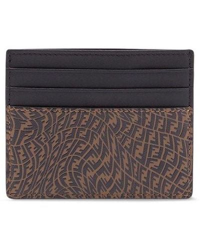 Fendi Brown/black Calf Leather Ff-motif Cardholder - Gray