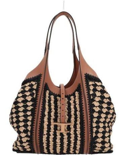 Tod's T Plaque Striped Woven Tote Bag - Brown