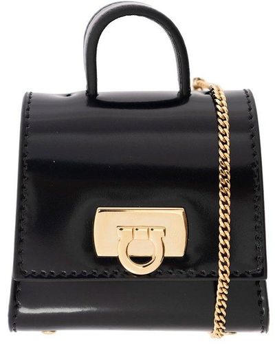 Ferragamo Airpods Pro Case With Chain Strap In Smooth Leather - Black
