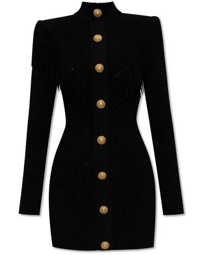 Balmain High Neck Fringed Knitted Minidress - Black