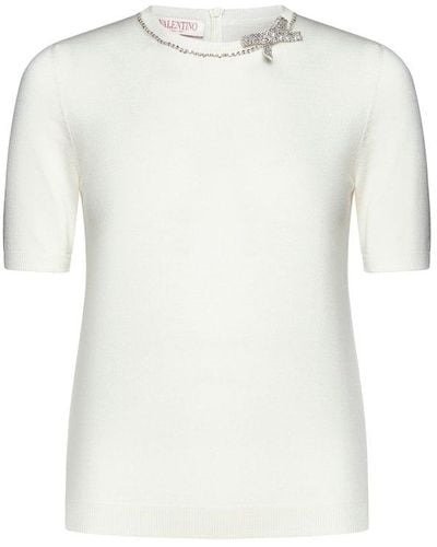 Valentino Bow Detailed Short-sleeved Sweater - White