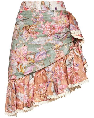 Zimmermann Cira Print Linen Miniskirt - Pink