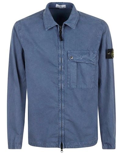 Stone Island Zip Up Long-sleeved Shirt - Blue