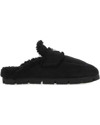 Prada Triangle-logo Shearling Slippers - Black