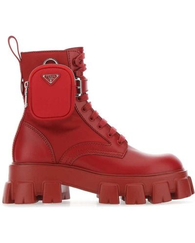 Prada Panelled Pouch-attached Combat Boots - Red