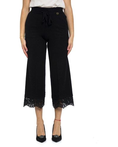 Twin Set Lace Trim Drawstring Cropped Trousers - Black