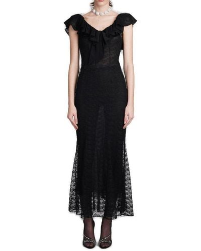 Alessandra Rich V-neck Ruffled Trim Maxi Dress - Black