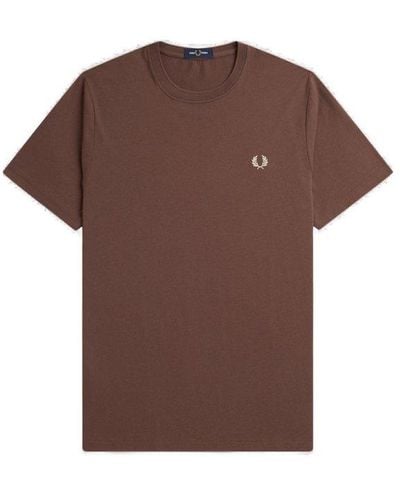 Fred Perry Logo-embroidered Crewneck T-shirt - Brown