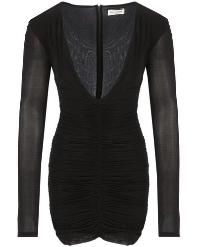 Saint Laurent Draped V-neck Long-sleeved Dress - Black