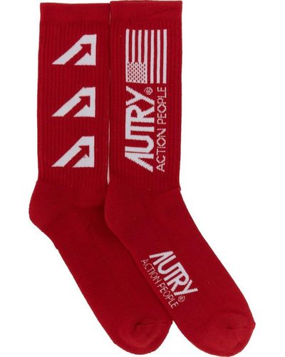 Autry Logo Print Ribbed Socks - Red