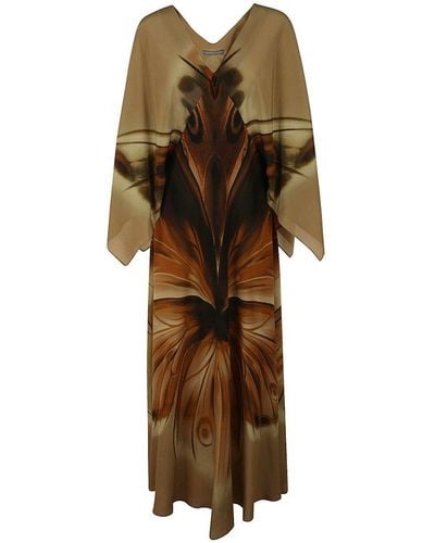 Alberta Ferretti Butterfly Print Long Sleeved Dress - Natural