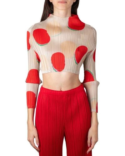 Pleats Please Issey Miyake Bean Dots High-neck Pleated Cropped Top - Red