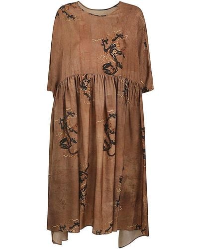 Uma Wang Dragon Printed Pleated Midi Dress - Brown