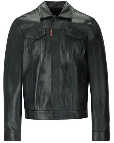 DSquared² Dan Jean Green Leather Jacket - Black
