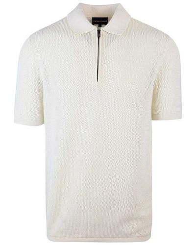 Emporio Armani Logo Embroidered Open-knit Polo Shirt - White
