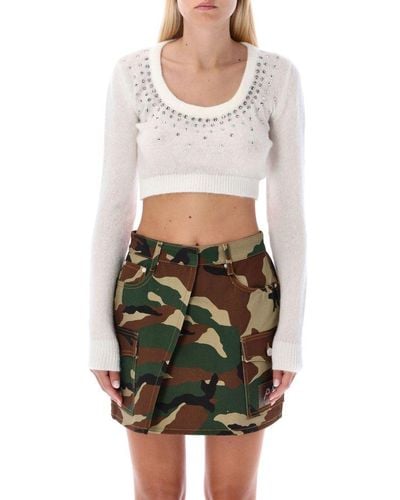 Alessandra Rich Crystal Embellishment Cropped Top - White