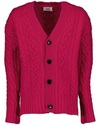 Ami Paris V-neck Knit Cardigan - Pink