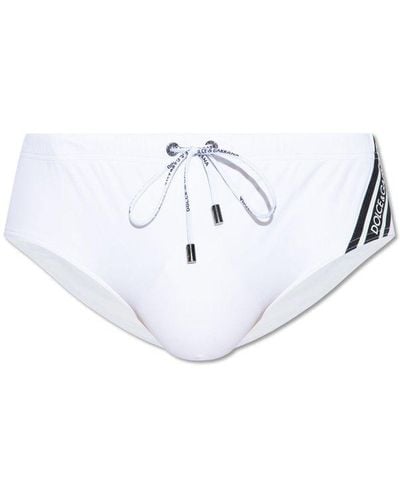 Dolce & Gabbana Logo Printed Drawstring Swim Shorts - White