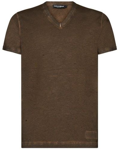 Dolce & Gabbana Logo-patch V-neck T-shirt - Brown