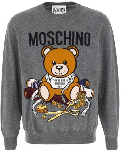 Moschino Teddy Bear Intarsia Knitted Crewneck Sweater - Grey