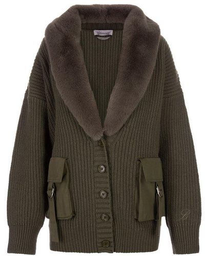 Blumarine Military Maxi Cardigan With Faux Fur On Neckline - Grey