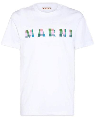 Marni Gingham Logo-printed Crewneck T-shirt - White