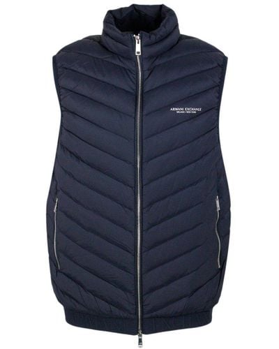 Armani Exchange Sleeveless Gilet In Light Down With Logoed And Elasticated Bottom And Zip Closure - Blue