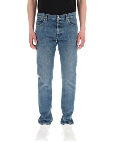 Alexander McQueen Low-rise Logo Embroidered Jeans - Blue
