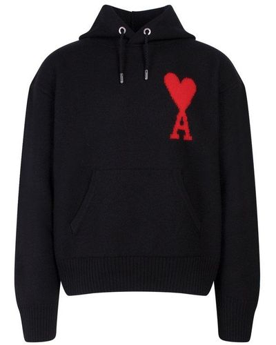 Ami Paris De Coeur Logo Embroidered Knit Hoodie - Black