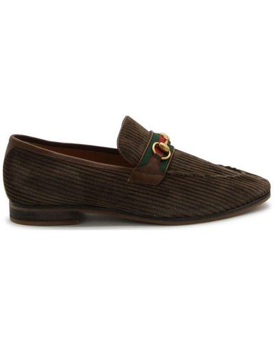 Gucci Horsebit Almond-toe Corduroy Loafers - Brown