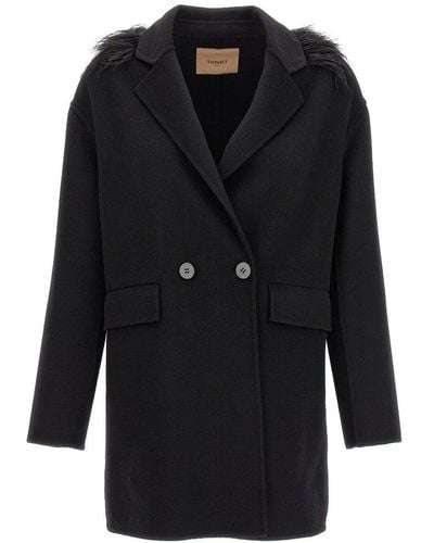 Twin Set Feather Embellished Double-breasted Coat - Black