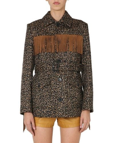 Saint Laurent Fringed Wool And Alpaca Felt Jacket With Leopard Print - Black