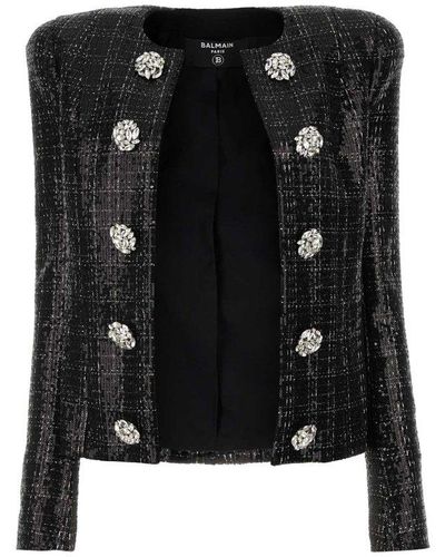 Balmain Tweed Sequin Embellished Jacket - Black