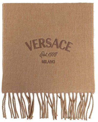 Versace Logo-embroidered Fringed Scarf - Natural