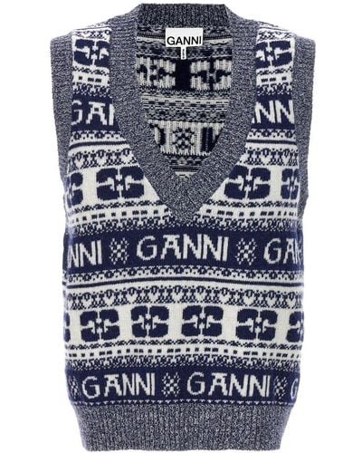 Ganni Logo Intarsia-knit V-neck Mix Vest - Blue