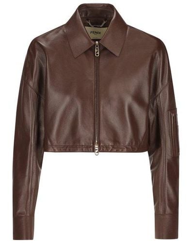 Fendi Zip-up Leather Cropped Jacket - Brown