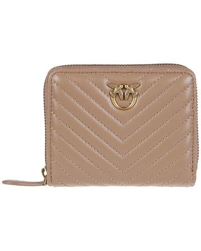 Pinko Logo Plaque Quilted Zipped Wallet - Natural