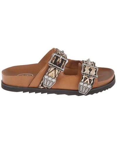 Ash Buckle-detailed Studs Embellished Slippers - Brown