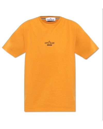 Stone Island Logo Printed Crewneck T-shirt - Orange