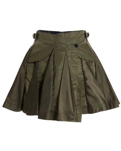 Sacai Panelled Pleated Flared Shorts - Green