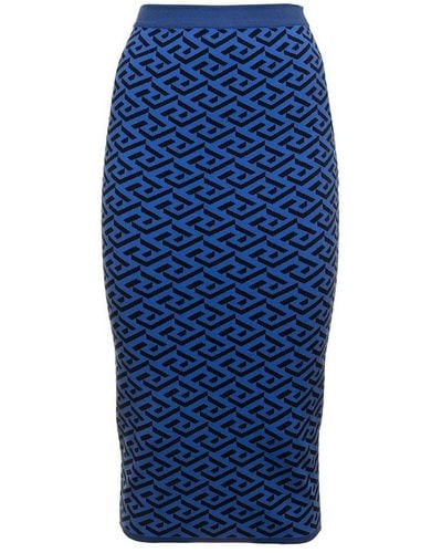 Versace Blue Viscose Longuette Skirt With Jacquard Print