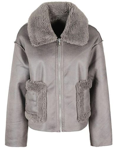 Jakke Wide Open Collar Fur Embellished Coat - Grey