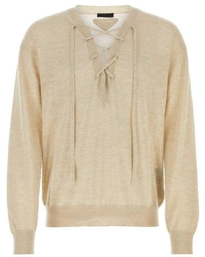 Prada Criss-cross V-neck Knit Sweatshirt - Natural