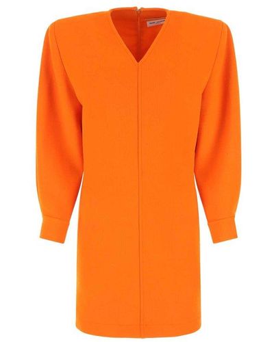 Saint Laurent V-neck Long-sleeved Mini Dress - Orange