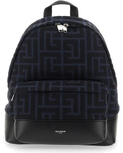 Balmain Zip-up Monogram-printed Backpack - Blue