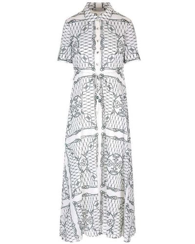 Tory Burch Allover Graphic Printed Short Sleeved Dress - White